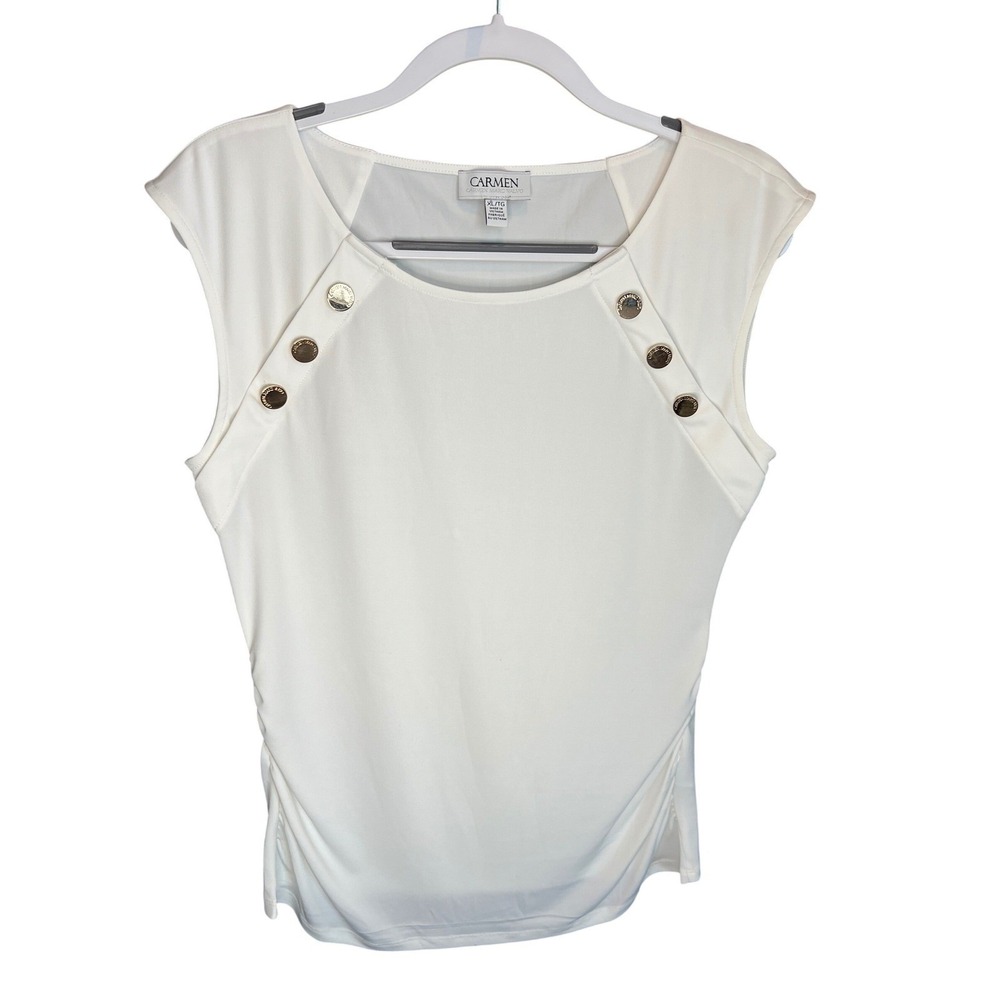 Carmen Marc Valvo White Cap Sleeve Ruched Tank Top Womens XL